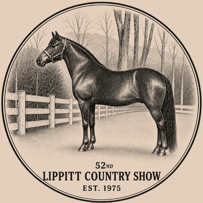 A dark horse stands in a field with a wooden fence in the foreground and bare trees and mountains in the background, all within a circular frame.