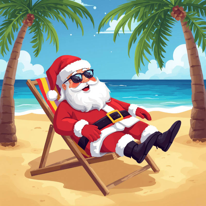 Santa Claus relaxes in a beach chair on a sandy shore between two palm trees, with the ocean and sky in the background.