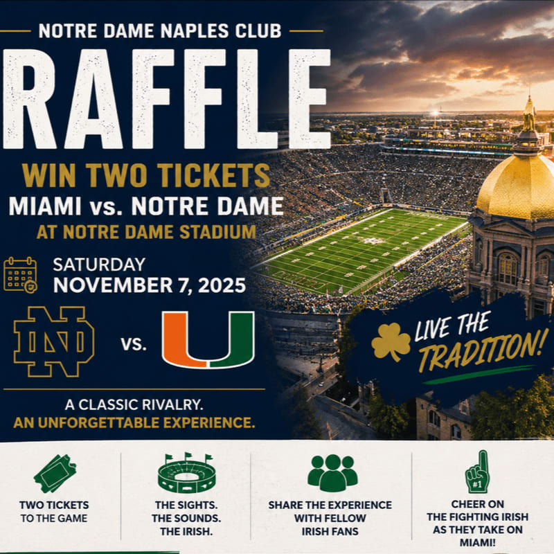 A raffle advertisement for two tickets to the Miami vs. Notre Dame game at Notre Dame Stadium is displayed against a backdrop of the stadium at dusk.