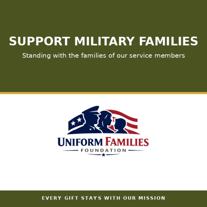 A logo for the Uniform Families Foundation, featuring silhouettes of a military member, a woman, and a child against an American flag, is centered on a white background, with green bars at the top and bottom displaying text about supporting military families.