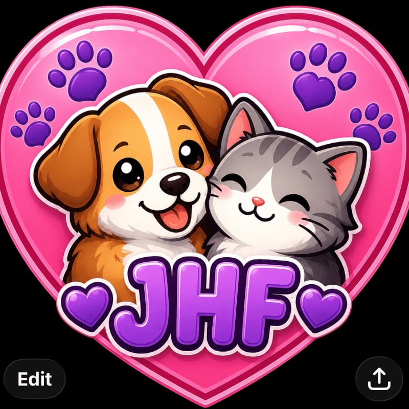 A cartoon dog and cat are nestled together in front of a pink heart with paw prints, while the letters "JHF" are prominently displayed in the foreground.