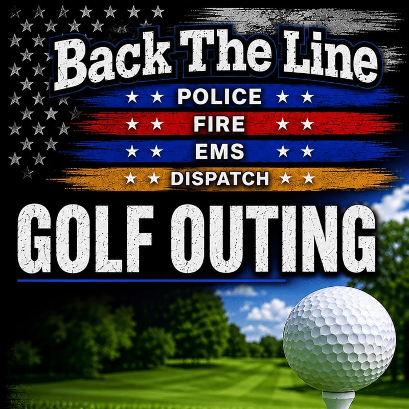 A golf ball sits on a tee in the foreground, with a graphic overlaying a golf course and a sky with clouds, featuring text that reads "Back The Line" and "GOLF OUTING" above stripes representing police, fire, and EMS.