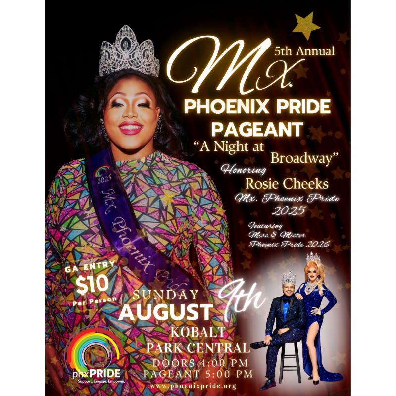 A drag queen wearing a crown and sash poses in the foreground with event details on a dark, curtained background.