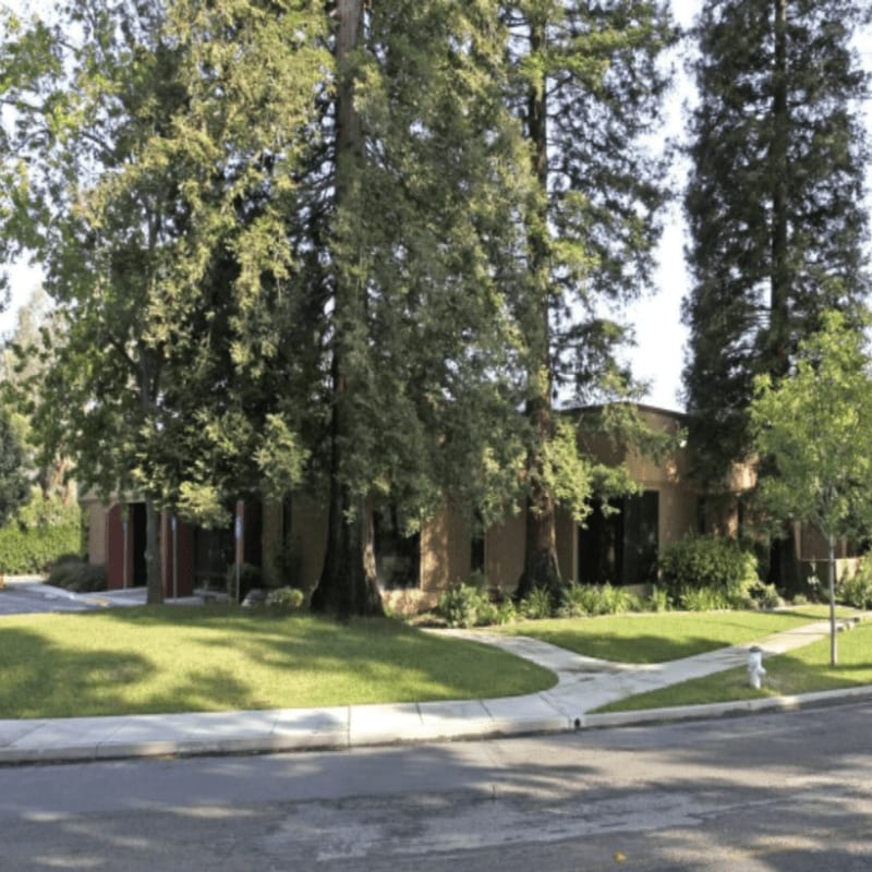 A modern building with large windows is nestled amongst tall redwood trees, with a sidewalk and street in the foreground.