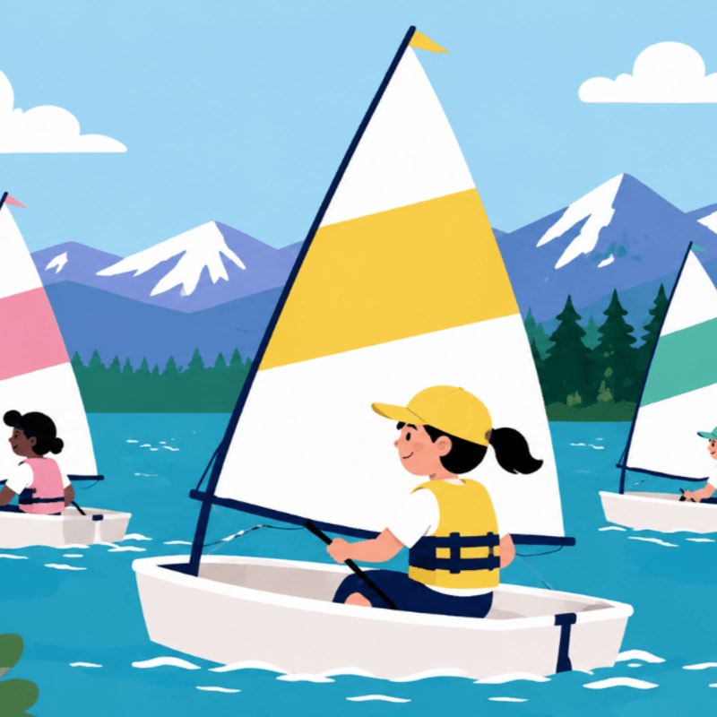 Children in colorful sailboats with yellow, pink, and green sails navigate a blue lake with snow-capped mountains and pine trees in the background under a bright sky.