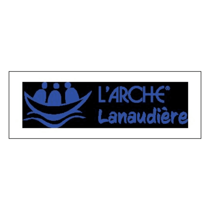 A blue silhouette of a boat with three figures in the foreground floats on wavy lines against a black background with the blue text "L'ARCHE Lanaudière" in the background.