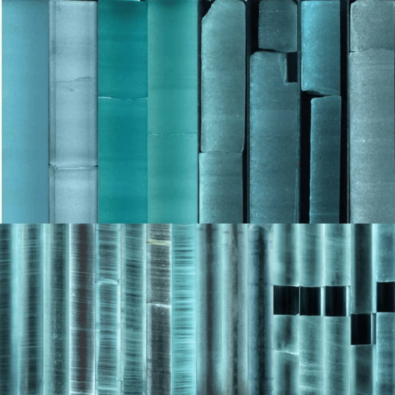 The foreground displays a series of vertical, translucent blue and teal bars with varying textures, while the background consists of a grid of darker, rectangular shapes with glowing blue lines.