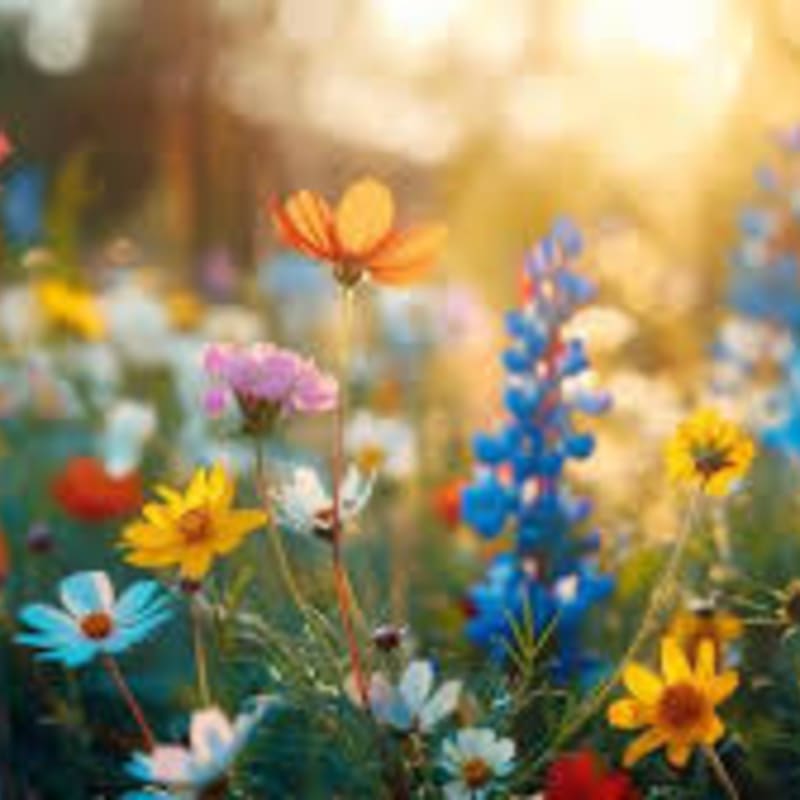 A vibrant field of wildflowers, including yellow, pink, and blue blooms, is bathed in the warm glow of sunlight.