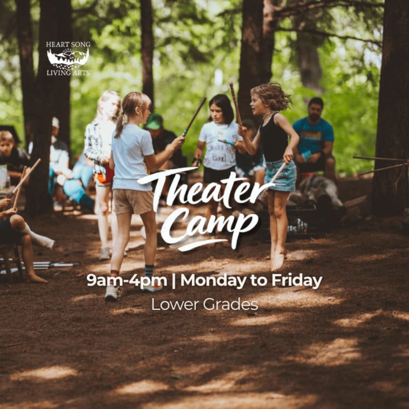 Children are engaged in an outdoor theater camp activity in the foreground, with a blurred forest and adults in the background.