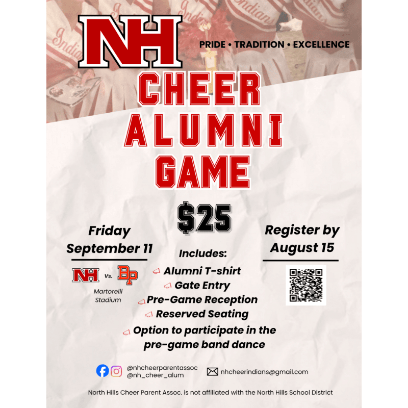 A flyer for a cheer alumni game is displayed with event details in the foreground and a blurred background of cheerleading decorations.