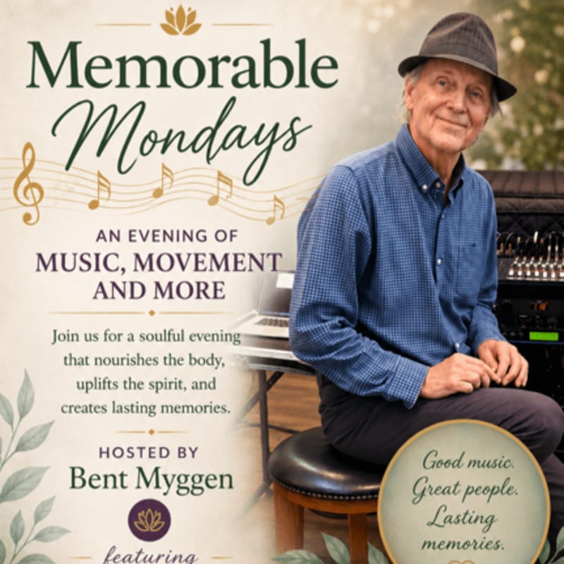 A man in a hat sits near a keyboard with musical notes and event details on the left.