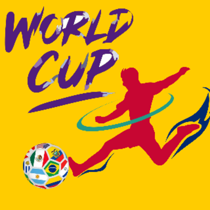 A red silhouette of a soccer player kicks a ball adorned with flags, set against a vibrant yellow background with the words "WORLD CUP" in purple and blue.