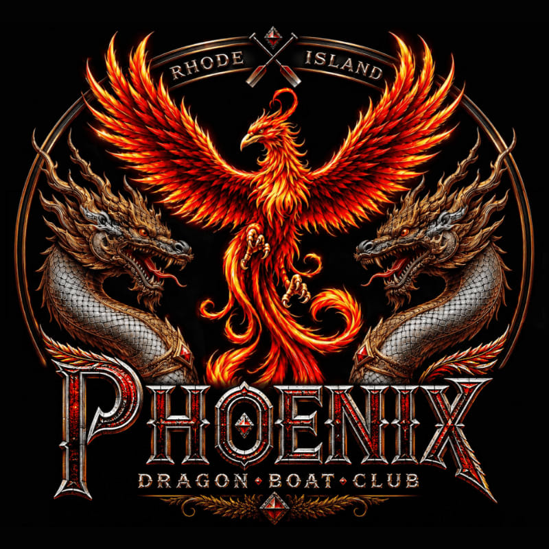 A fiery phoenix with outstretched wings is framed by two dragon heads, with the words "Phoenix Dragon Boat Club" and "Rhode Island" above and below.