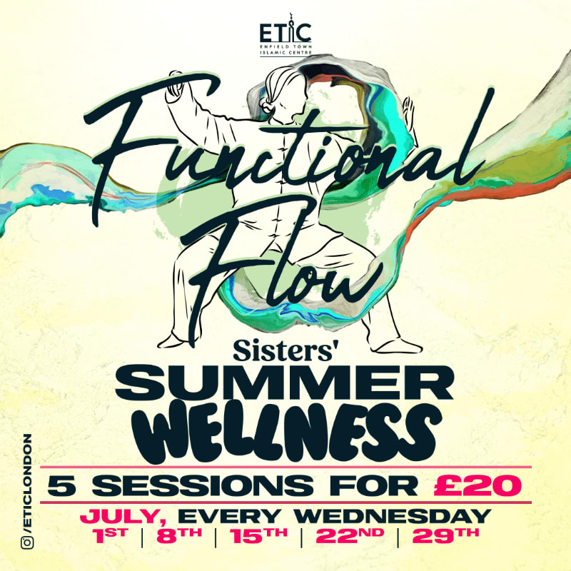 Silhouetted figures practicing Tai Chi are framed by colorful watercolor splashes, advertising a "Functional Flow Sisters' Summer Wellness" event with dates and pricing.