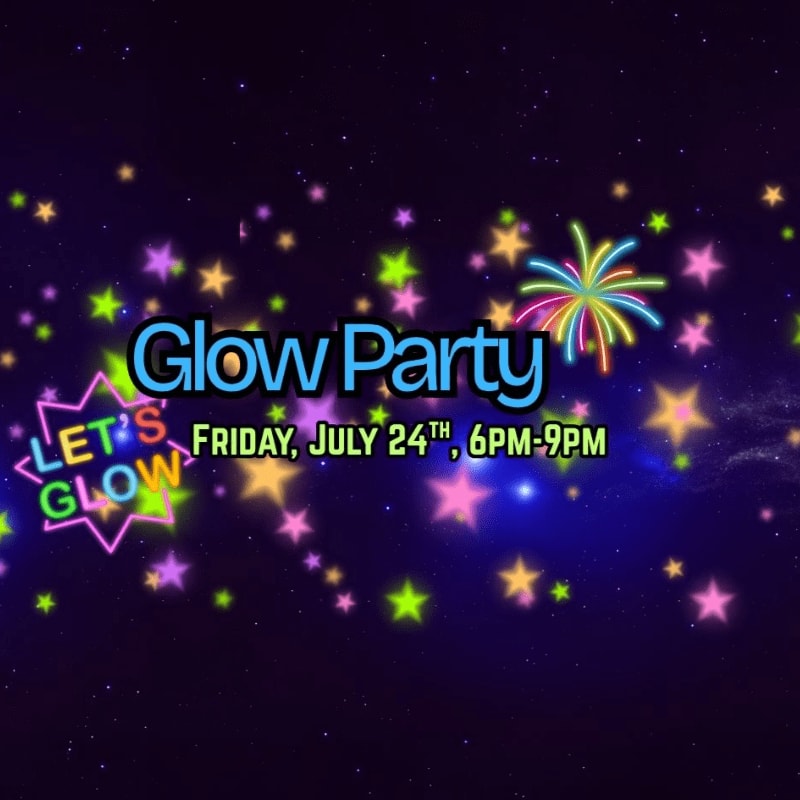 Neon stars and a firework burst illuminate the text "Glow Party" and event details against a dark, starry sky.