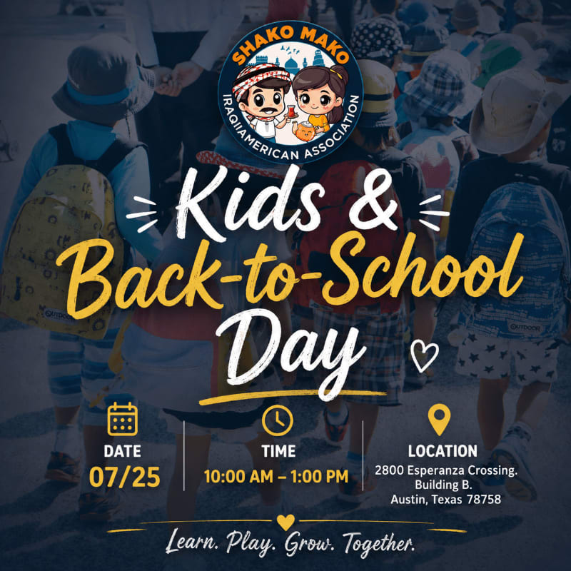 Children in the foreground walk towards the viewer, while the background features a blurred crowd and event details for a "Kids & Back-to-School Day."