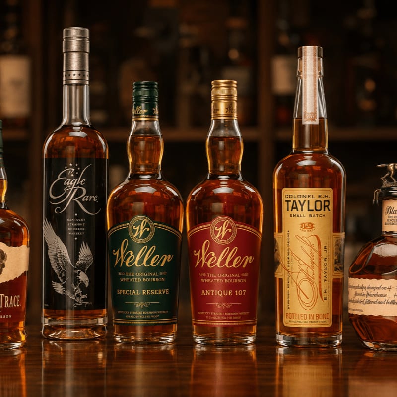 Several bottles of bourbon stand on a wooden bar top in front of a blurred background of more bottles.