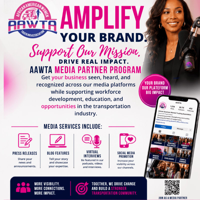 A woman with a microphone in the foreground is featured in a promotional poster for the AAWTA Media Partner Program, which highlights media services and the organization's mission in the background.