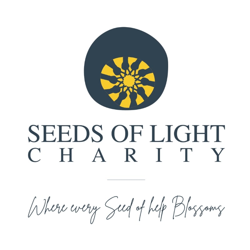 A dark blue circle with a yellow sunburst design sits above the text "SEEDS OF LIGHT CHARITY" and the tagline "Where every Seed of help Blossoms" on a white background.