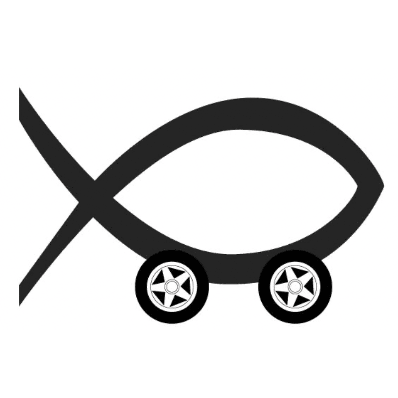A black Ichthys symbol with two wheels is centered against a white background.
