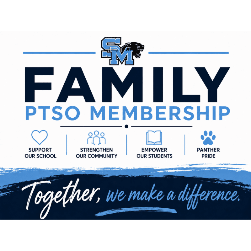 A white background features the words "FAMILY PTSO MEMBERSHIP" in large blue and black text, with four icons representing school support, community, students, and pride, all above a dark blue wavy line with the handwritten phrase "Together, we make a difference."