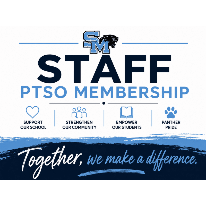 A white background features the words "STAFF PTSO MEMBERSHIP" in large blue and black letters, with four icons representing support, community, students, and pride, all above the handwritten phrase "Together, we make a difference."