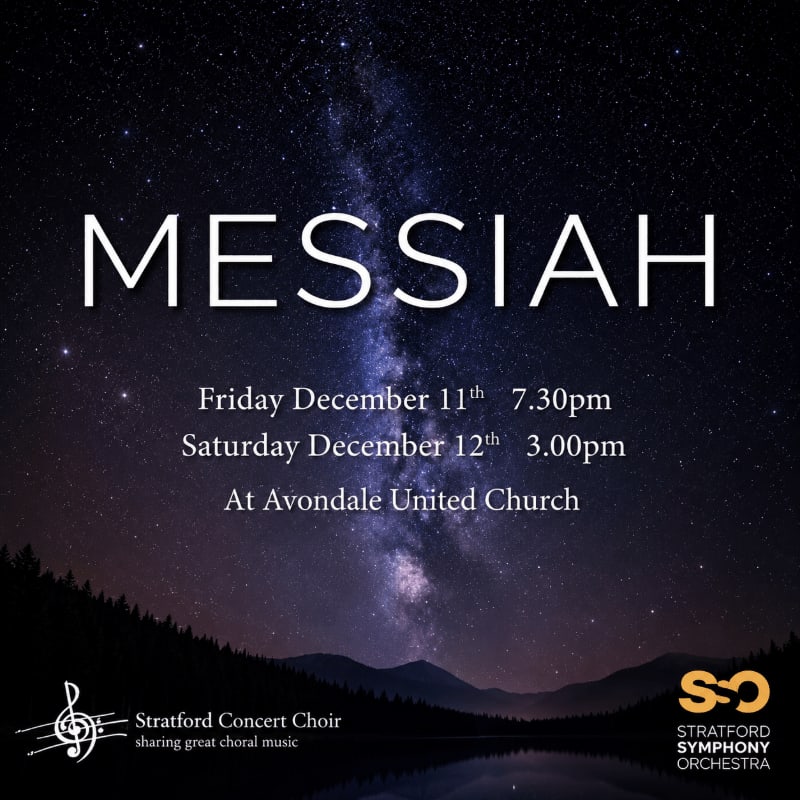 A starry night sky with a silhouetted forest and lake in the foreground advertises a performance of "Messiah" by the Stratford Concert Choir and Stratford Symphony Orchestra.