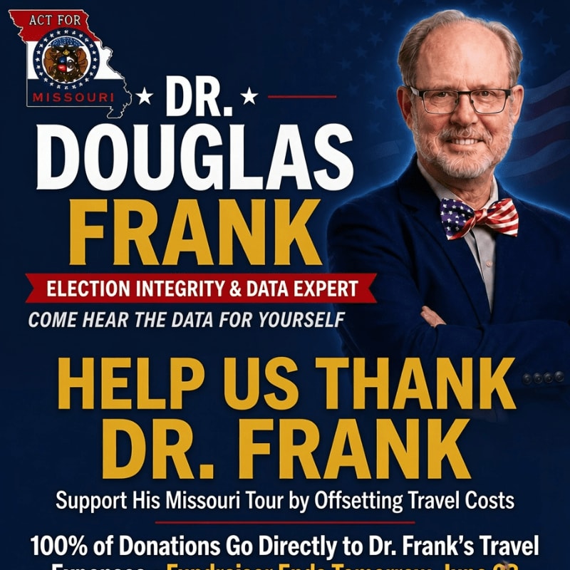 A man in a suit and bowtie stands in front of a background with the American flag and text promoting Dr. Douglas Frank, an election integrity and data expert.