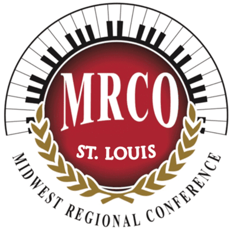 A circular logo with a red center displaying "MRCO ST. LOUIS" and "MIDWEST REGIONAL CONFERENCE" in a gold laurel wreath, framed by a piano keyboard arch.
