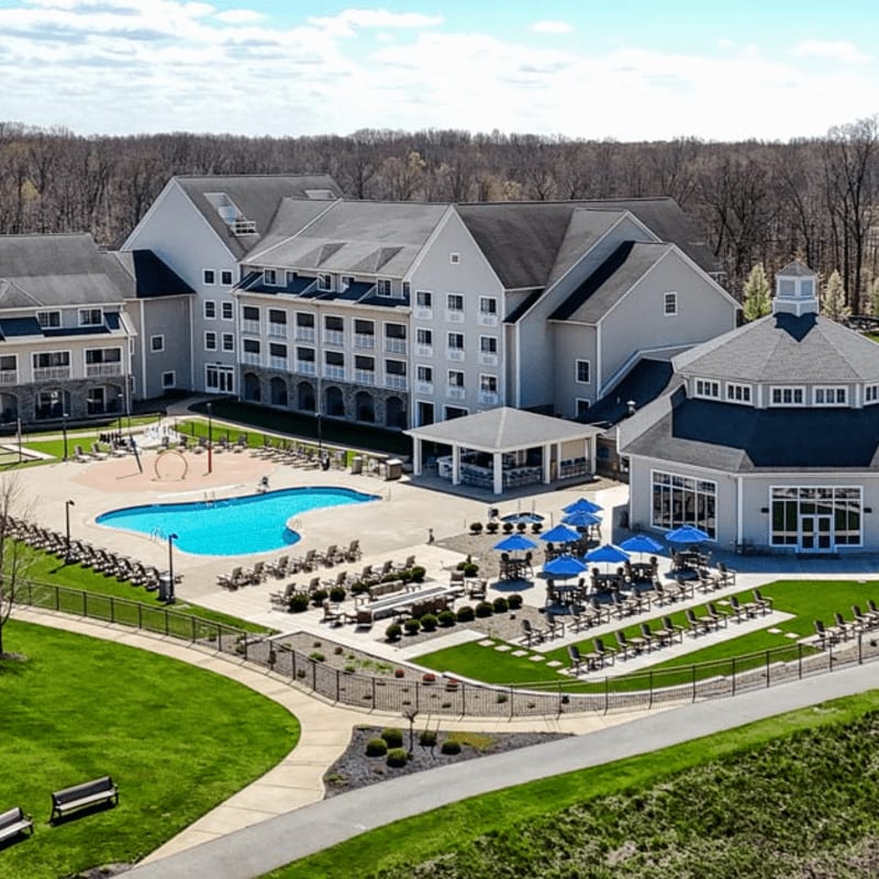 A resort with a large pool and lounge chairs in the foreground is surrounded by trees in the background.