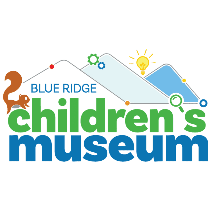 A cartoon squirrel is in the foreground of a logo for the Blue Ridge Children's Museum, which features stylized mountains, gears, a lightbulb, and a magnifying glass in the background.