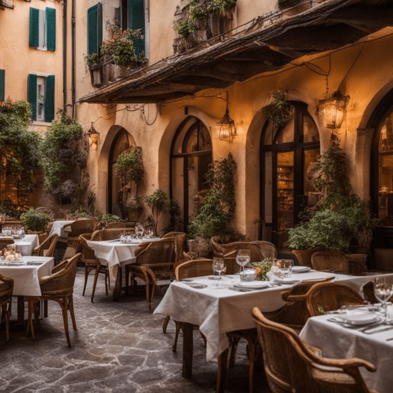 Wicker chairs and white-clothed tables are set in a cobblestone courtyard with arched doorways and greenery in the background.