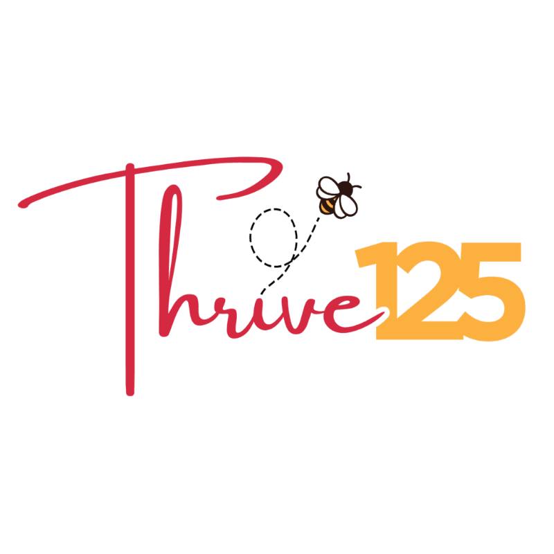 A stylized bee flies in a dotted line towards the word "Thrive" in red script, next to the number "125" in orange, all on a white background.