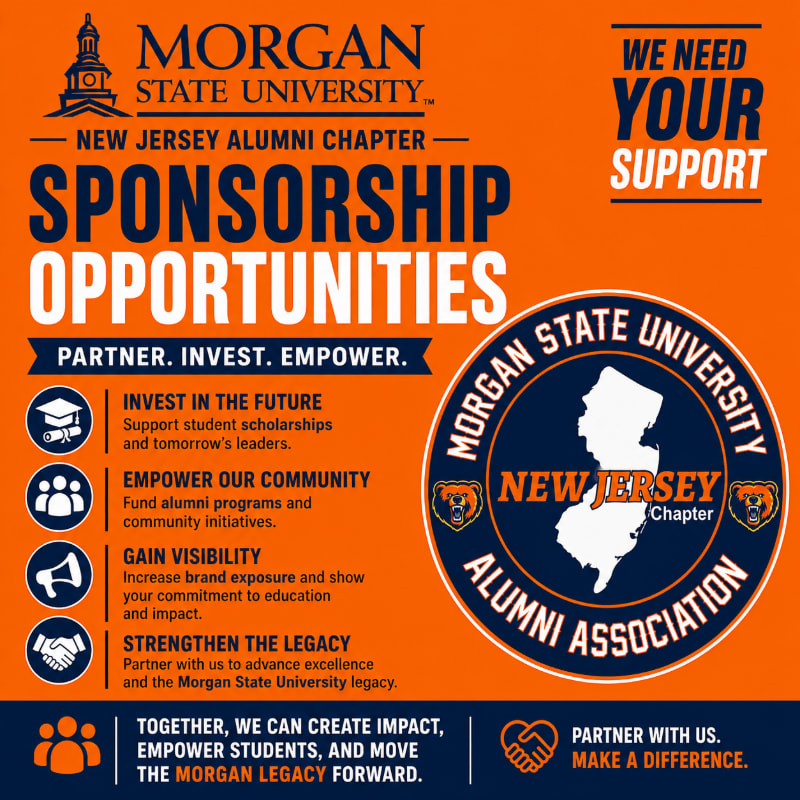 An orange background features the text "SPONSORSHIP OPPORTUNITIES" and details about partnering with the Morgan State University New Jersey Alumni Chapter in the foreground, while a circular logo with a map of New Jersey and the university's name is on the right side.