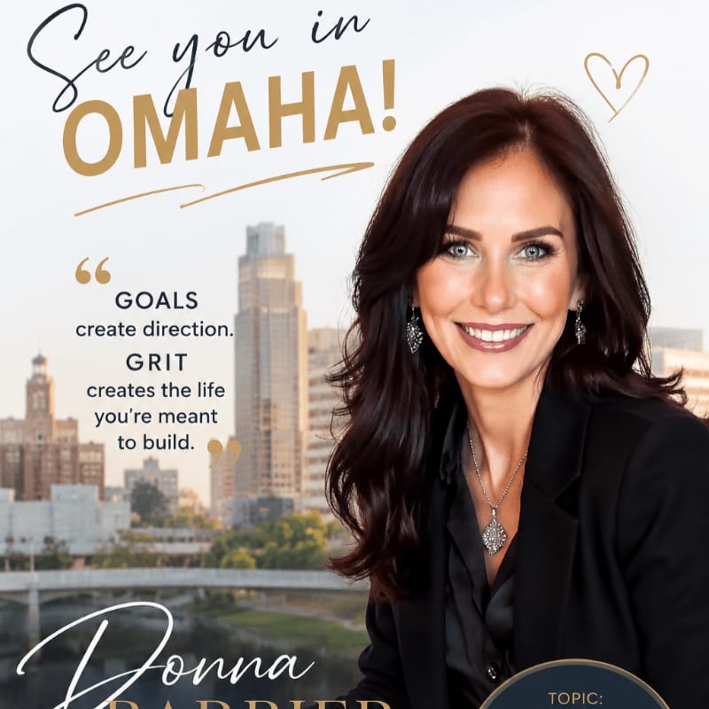 A smiling woman in a black blazer is featured in the foreground, with a cityscape of Omaha in the background.