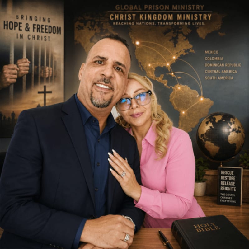 A smiling couple poses in front of a world map and prison ministry posters, with a Bible on the desk.