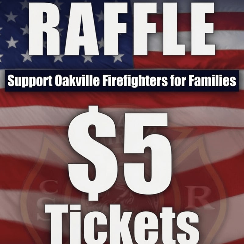 Large white text reading "RAFFLE" and "$5 Tickets" is superimposed over a blurred American flag and a faint firefighter emblem in the background.