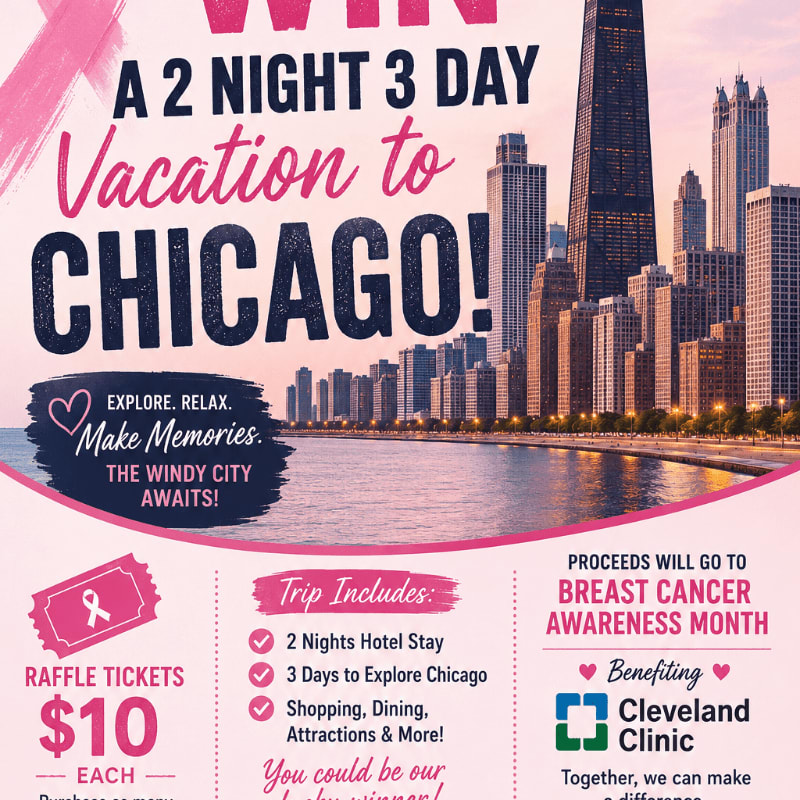 A pink ribbon graphic and raffle ticket information are in the foreground, with a cityscape of Chicago in the background.