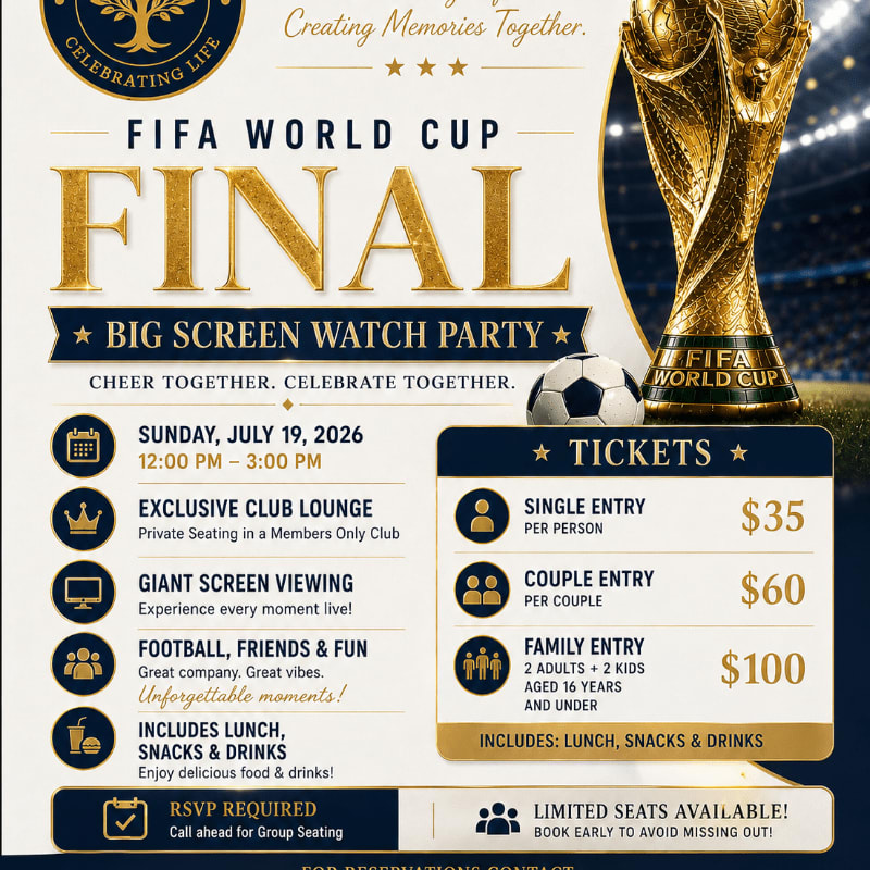 A golden FIFA World Cup trophy and soccer ball are in the background, while the foreground displays event details for a "Big Screen Watch Party" for the FIFA World Cup Final.