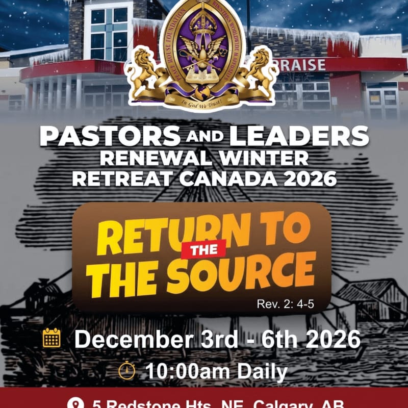 A poster for a "Pastors and Leaders Renewal Winter Retreat Canada 2026" with the theme "Return to the Source" is overlaid on a vintage illustration of buildings.