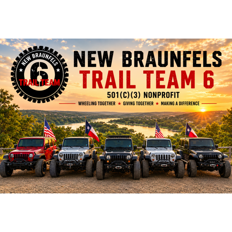 Five Jeeps, adorned with American and Texas flags, are parked in a line in the foreground, with a scenic sunset over a lake and trees in the background.