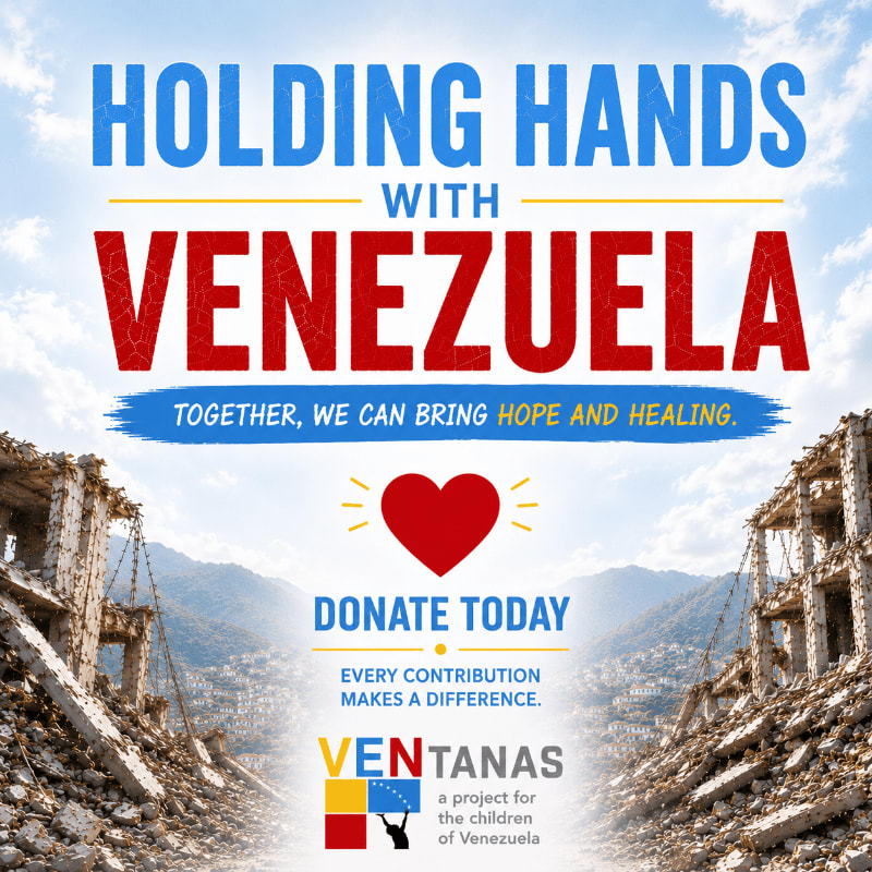Ruined buildings frame a sky with text about holding hands with Venezuela, urging donations for a project supporting children.