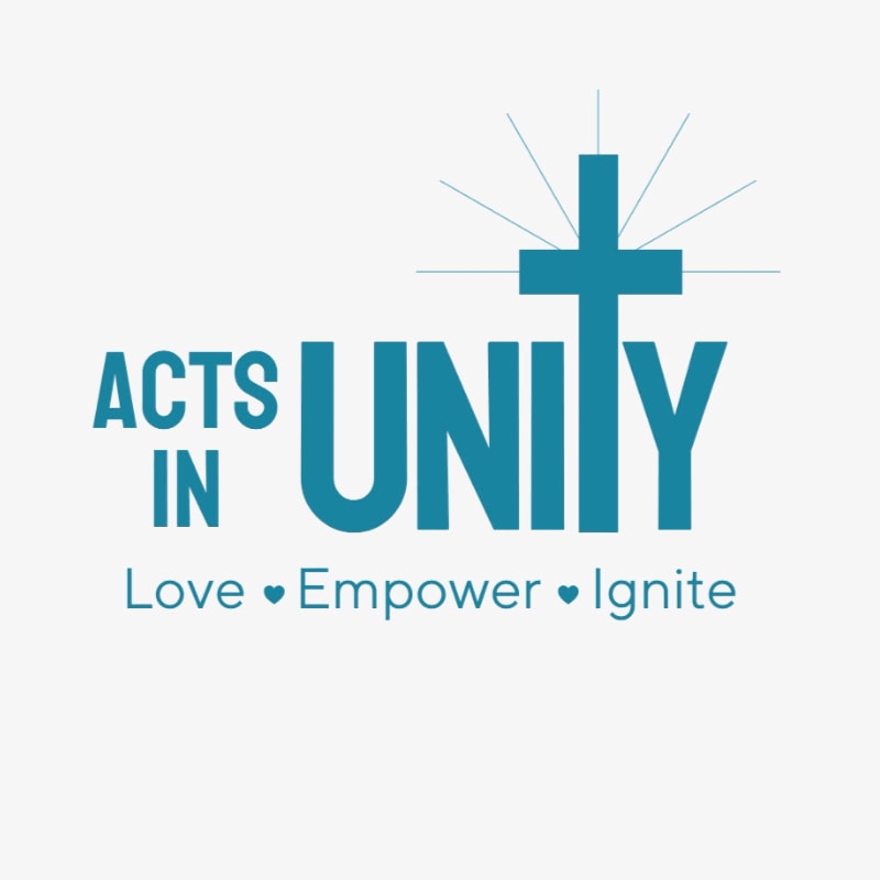 A teal cross with radiating lines sits above the words "ACTS IN UNITY" and "Love • Empower • Ignite" on a white background.