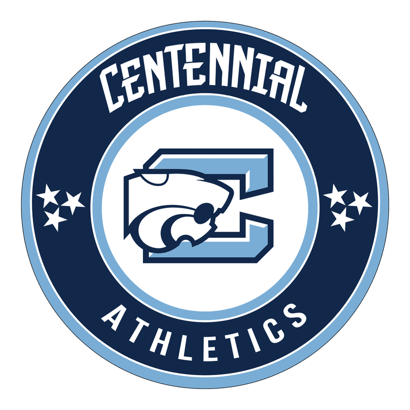 A stylized cougar head and a large "C" are centered within a dark blue circle, with "CENTENNIAL ATHLETICS" written in white text around the perimeter, all set against a white background.