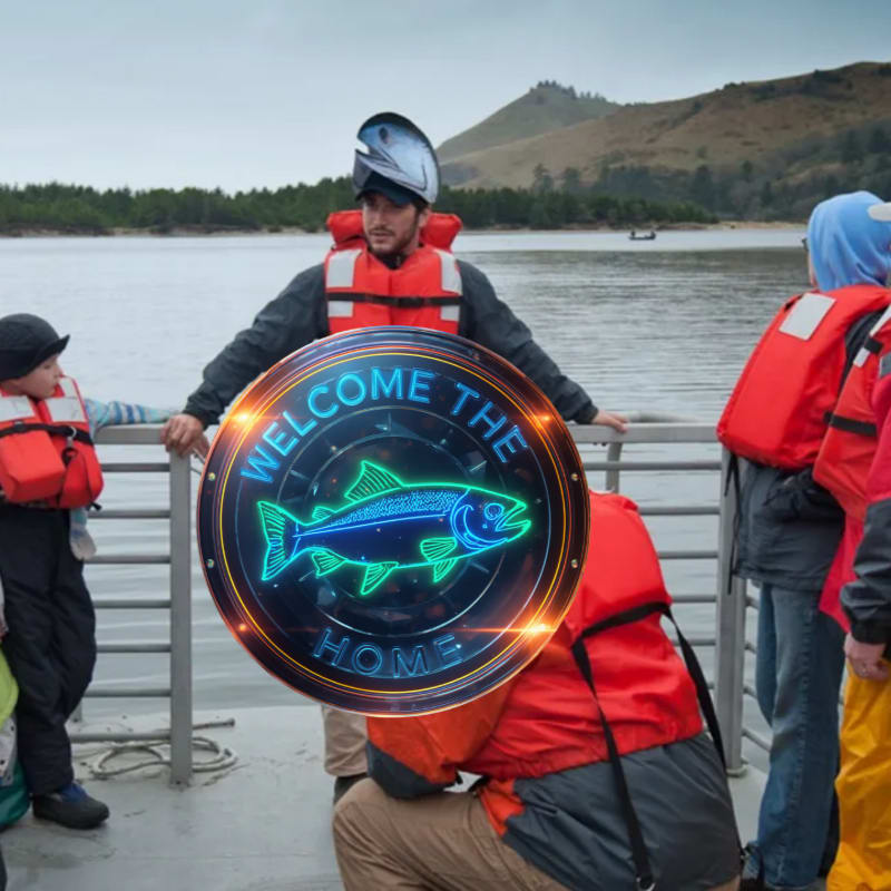 A group of people in life vests stand on a boat in the foreground, with a neon fish sign in the center, while a calm body of water and rolling hills form the background.