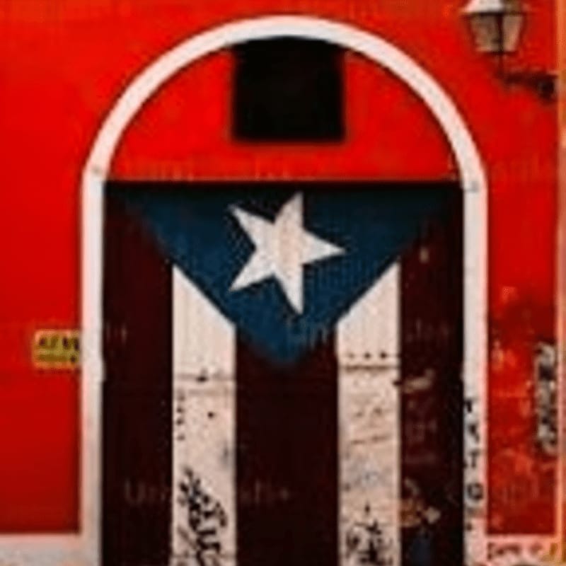 A weathered wooden door painted with the Puerto Rican flag stands against a vibrant red wall with an arched entryway and a distant lamppost.