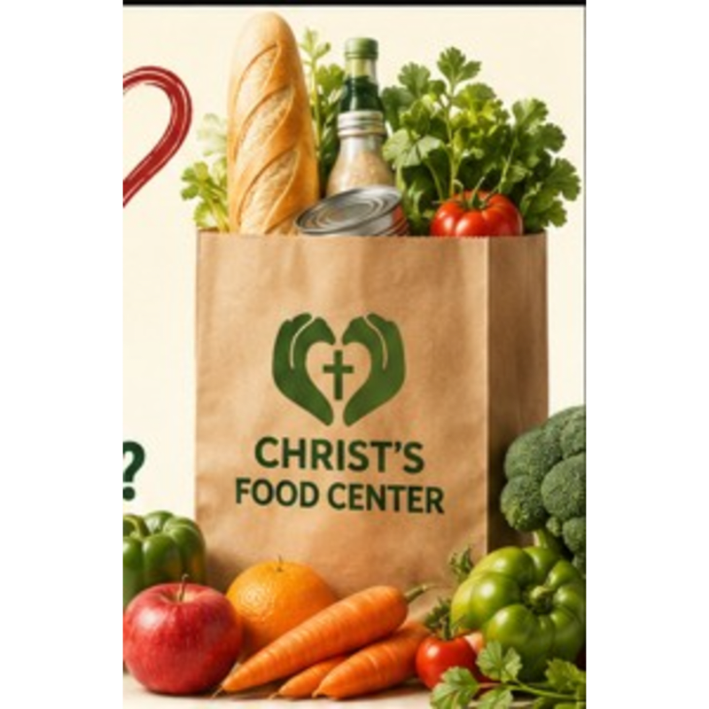 A brown paper bag from Christ's Food Center, filled with bread, produce, and canned goods, sits in the foreground with a variety of fresh vegetables and fruits arranged around it, against a light background with a red heart and question mark.