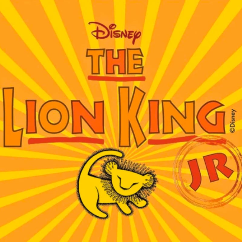 A yellow lion cub with a mane stands in front of the "The Lion King JR" logo, set against a bright orange background with radiating lines.