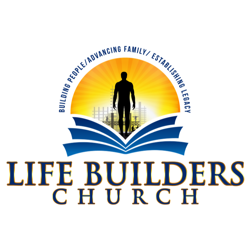 A silhouette of a man stands on an open book against a bright sun and cityscape, with the words "LIFE BUILDERS CHURCH" below.