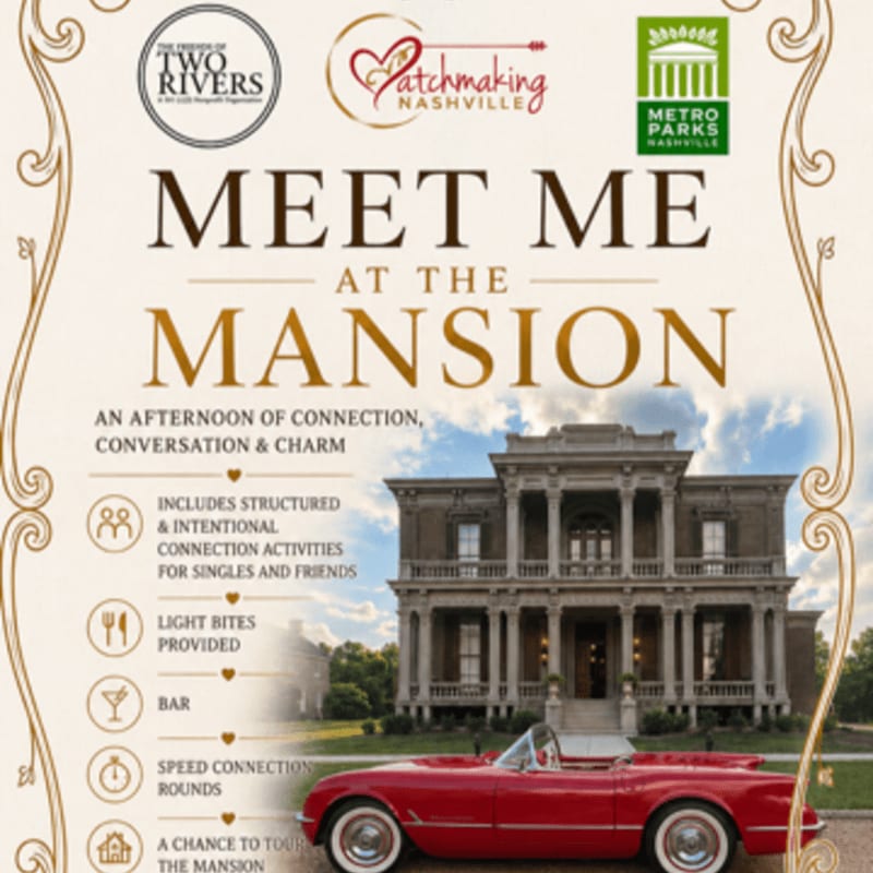 A vintage red convertible sits in front of a grand mansion under a cloudy sky, advertising an event called "Meet Me at the Mansion."